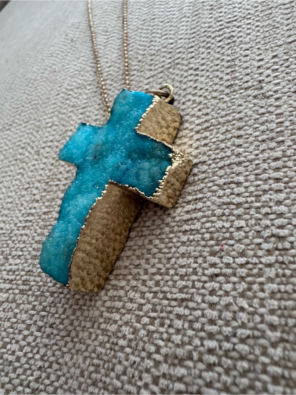 Blue Druzy Cross Pendant Long Necklace - Gold Dipped Trim